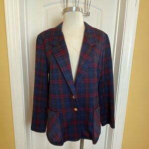 vintage Pembrooke Classics blue burgundy red tartan plaid blazer Women’s L